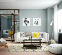 First, let's take a tour through an apartment in Minsk. Olya Berkova visualized this interior style for a young family with an active lifestyle and that intense energy reflects through every detail. Its neutral palette utilizes the blue side of the grayscale spectrum, using its natural contrast value to make the exciting yellow accents stand out even more. It's filled with artwork and fabulous geometric patterns, soft furniture and sharp decoration.