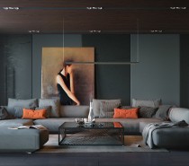 And a look at our last interior – this warm hued painting pops out among the cooler greenish-gray tones that make up this modernistic living room.
