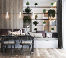 Open-face shelving serves as a smart and stylish way to share the indoor garden between the dining room and the living area; it also creates a screen without totally closing in either space.