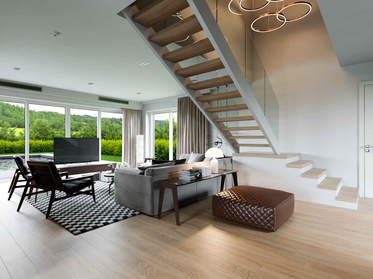 living room with open staircase