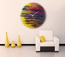 Abstract Art Wall Clock: Colorful abstract art meets precision timekeeping with this amazing oversized clock. Handmade with paint on prepared glass, the texture and detail is unmatched and irresistible. This clock is part of a collection by that interprets planets through a post-modern lens. At nearly 3 feet across (almost 1 meter), it won't go unnoticed among your art collection.