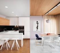 Notice how the ceiling and floor colors swap positions at the boundary between the living room and kitchen – quite a breathtaking effect from this angle.
