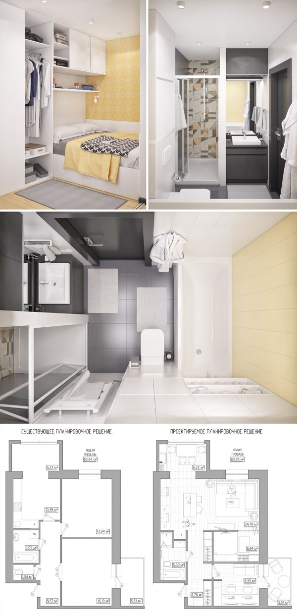 A similar modernist look in Rivne, Ukraine, has helped add spaciousness to a small apartment. Pale shades of light wood, light grey and darker grounding charcoal add detail without losing head space. Alternative levels of shelving in the bedroom and bathroom add a design focus while providing storage.