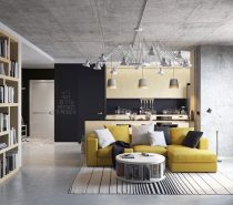 Visualized by Denis Bespalov, this loft uses sunny yellow to add a pop of color to the space. Concrete walls and floors are warmed up by natural wood cabinets in the kitchen and bookshelves.