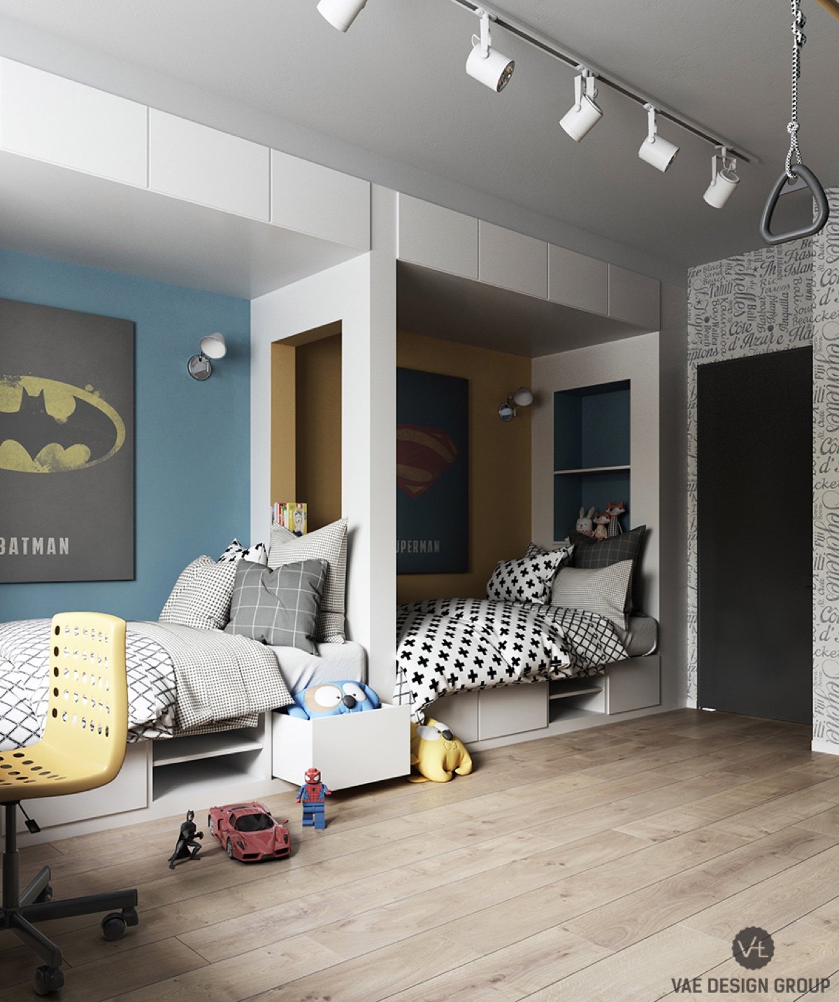 batman-and-superman-kids-bedrooms-in-one-space-space-savers