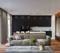 A full-length wooden floor first greets the visitor in the lounge, matched by wooden feature and slatted partition walls. High, stone-coloured curtains add light with a great view, while extensive black cabinetry gives the space a modern feel. Magnetic black hanging lights add eccentricity.