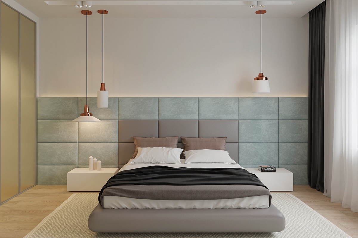 Pastel bedroom teal and taupe headboard warm wooden flooring