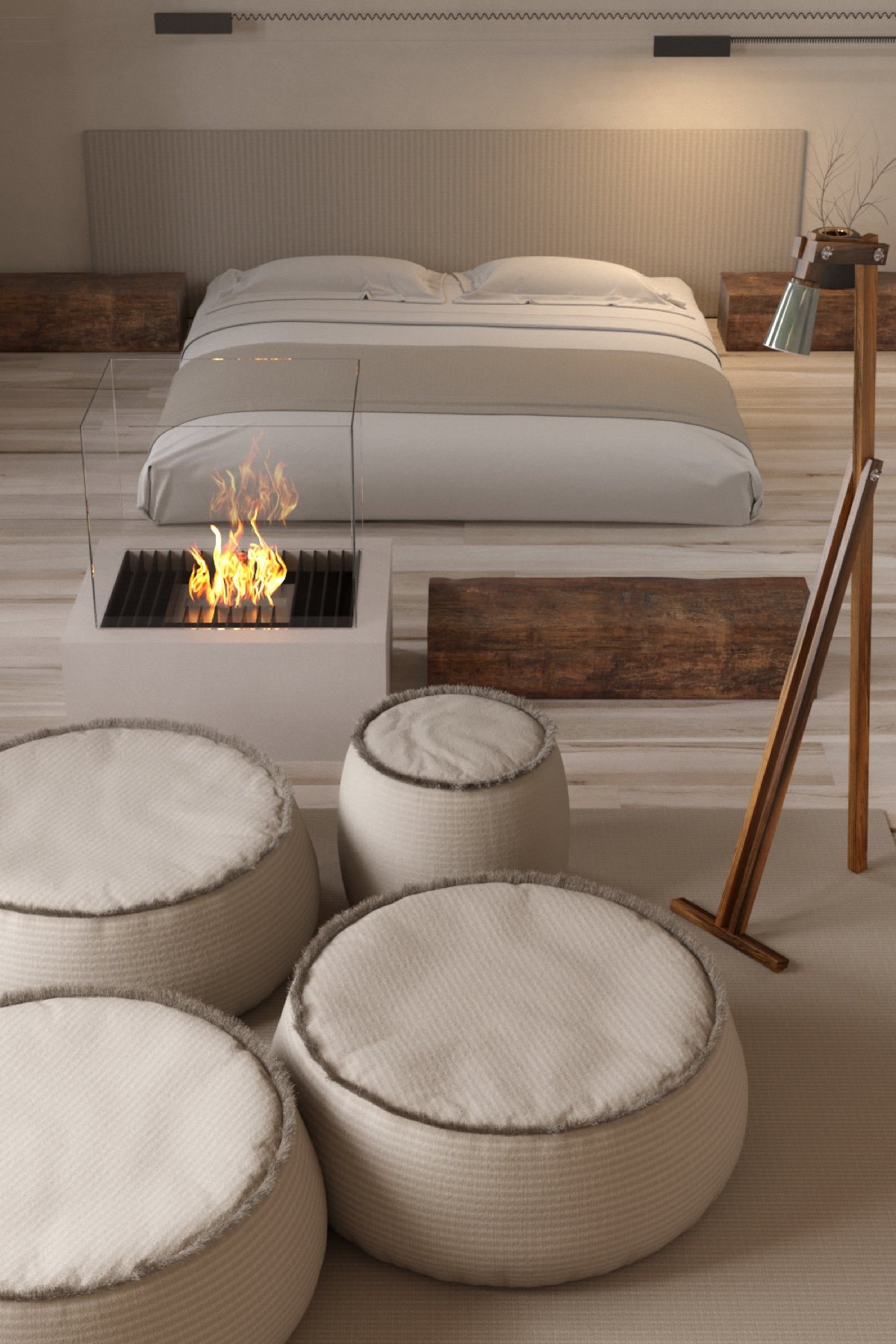 Rustic bedroom roaring glass fireplace beige striped ottomans