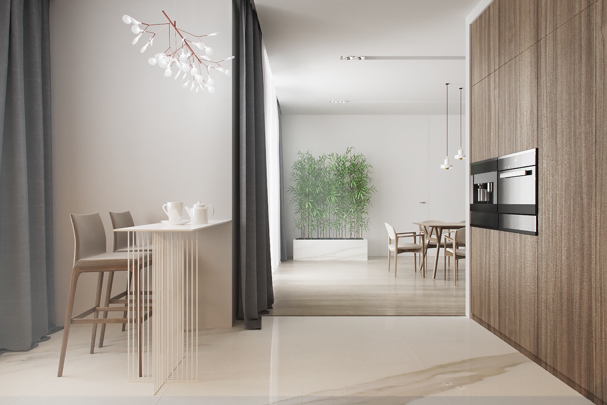 Scandinavian corridor light and bright kitchen table area shooting bamboo planter box