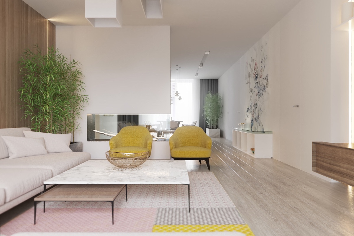Scandinavian lounge mustard chairs white sofa bamboo plant