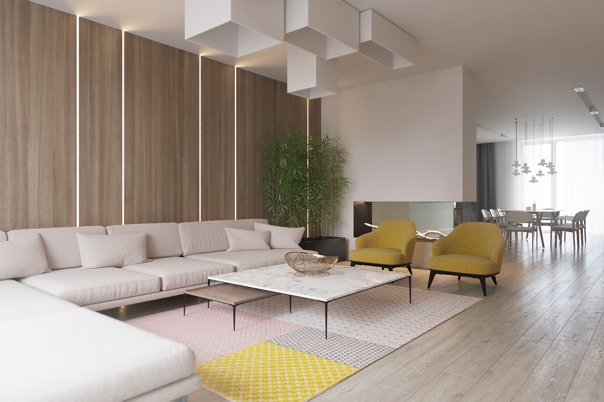 Scandinavian lounge mustard chairs wooden walls LED strip lighting