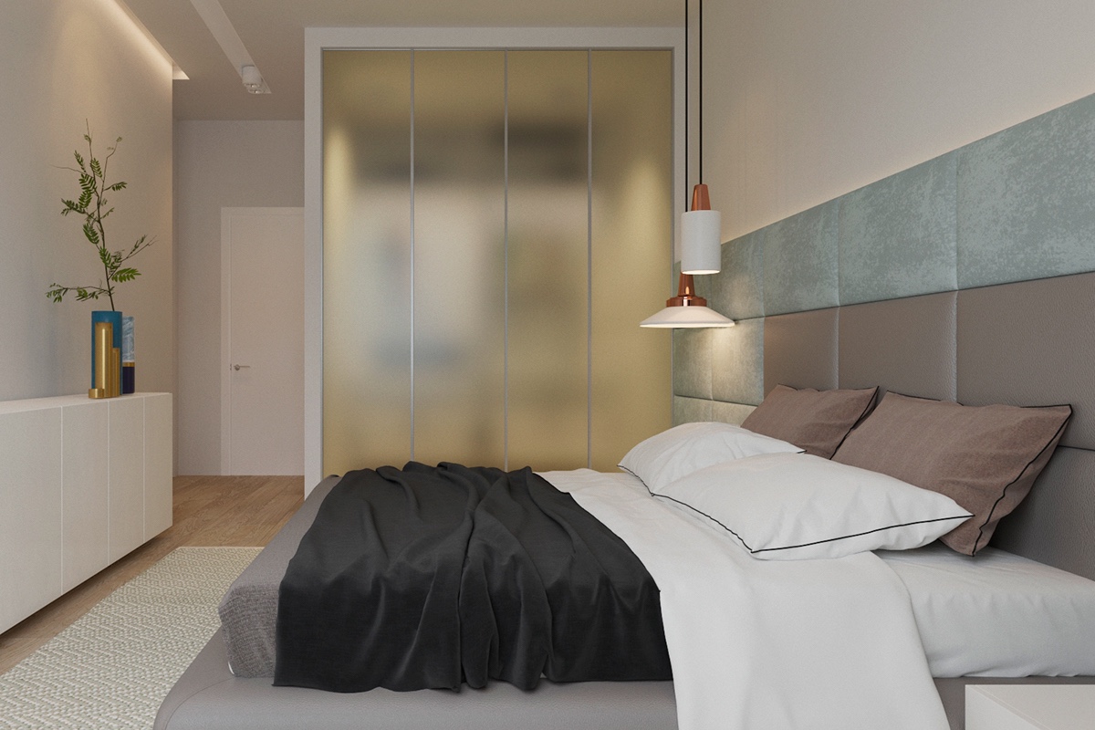 Simplistic bedroom opaque room divider white bedding black throw