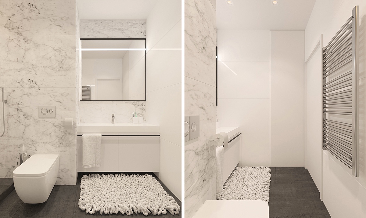 The bathroom uses the LED-lighting theme to its advantage, making speckled marble shiny white. Crossing through unexpected borders, it matches with a grey shagpile before contrasting with simple white porcelain. Dark wooden flooring and chrome towel railing tie in the rest.