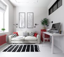 At just 30 square meters, this lovely little apartment boasts a huge personality with its super bold color theme. Bright red accents play across a pristine canvas of white walls and floors for a look that balances the best of simplicity and incredible energy. Black details add a touch of formality to the scene, sometimes even serving as a way to center the eye with its heavier visual weight.