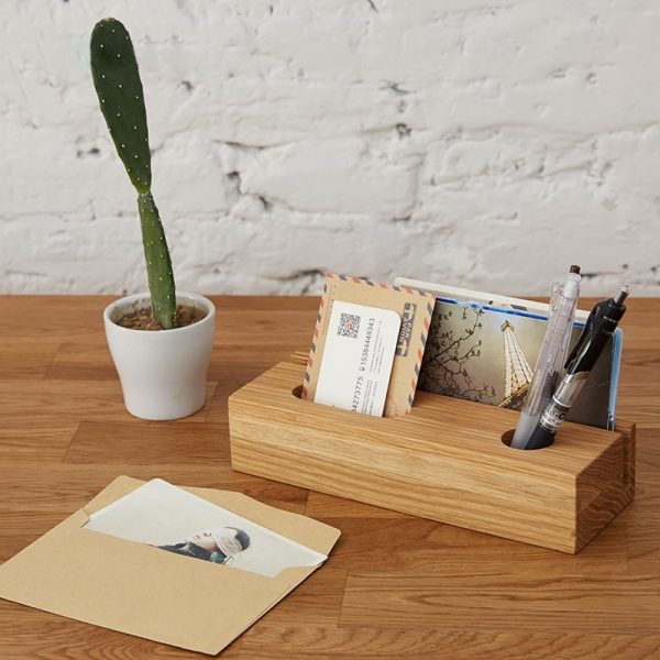 Business Name Card Holder w/ Pen Holder Desk Top Table Office Elephant Wood Box