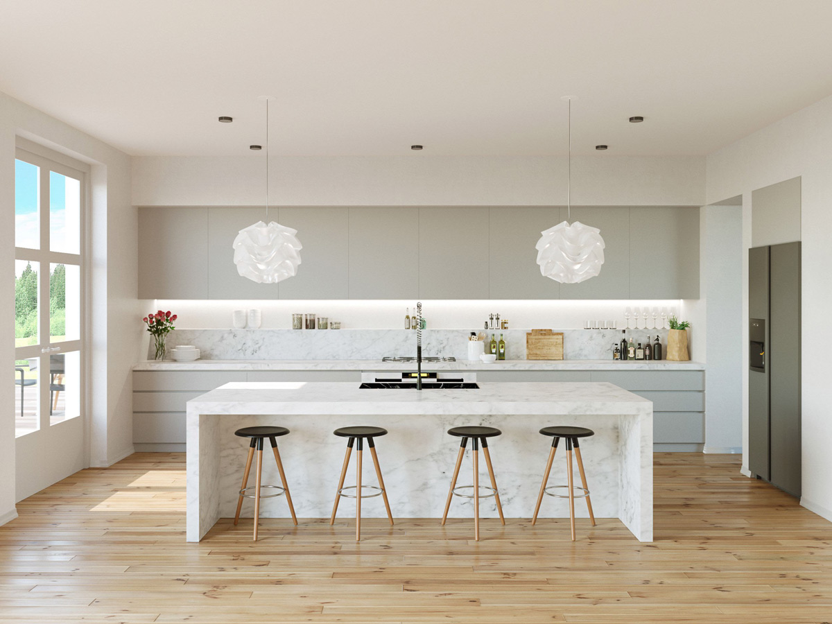 one wall white kitchen with island