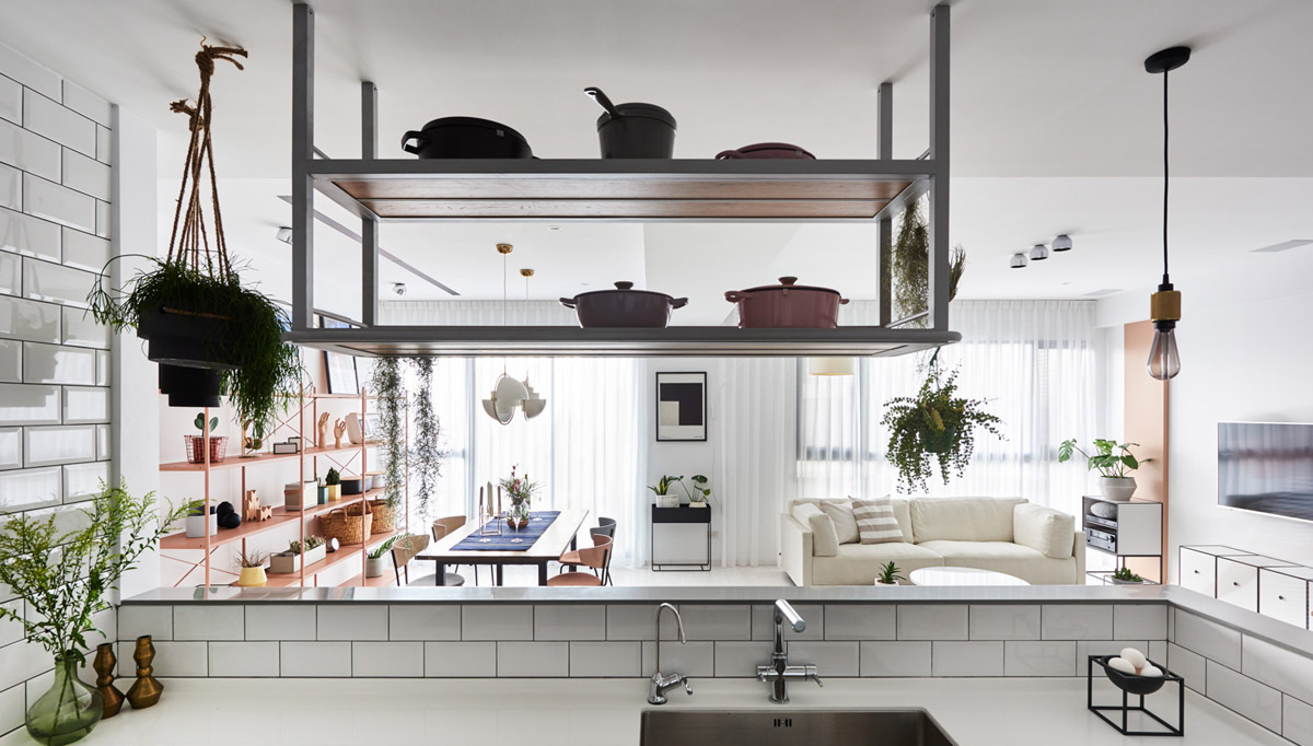 Scandinavian kitchen hanging shelves draped potted plants | Interior Design Ideas