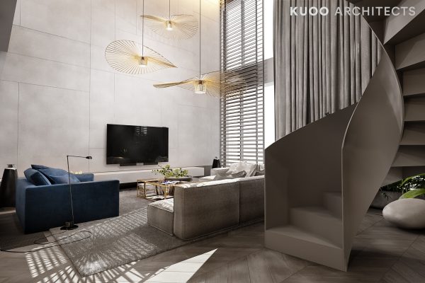 A Luxury Apartment with Comfortable Furniture and a Double Height Ceiling