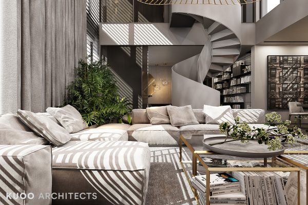 A Luxury Apartment with Comfortable Furniture and a Double Height Ceiling
