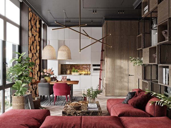 A Plush Red Apartment with Rustic Accents