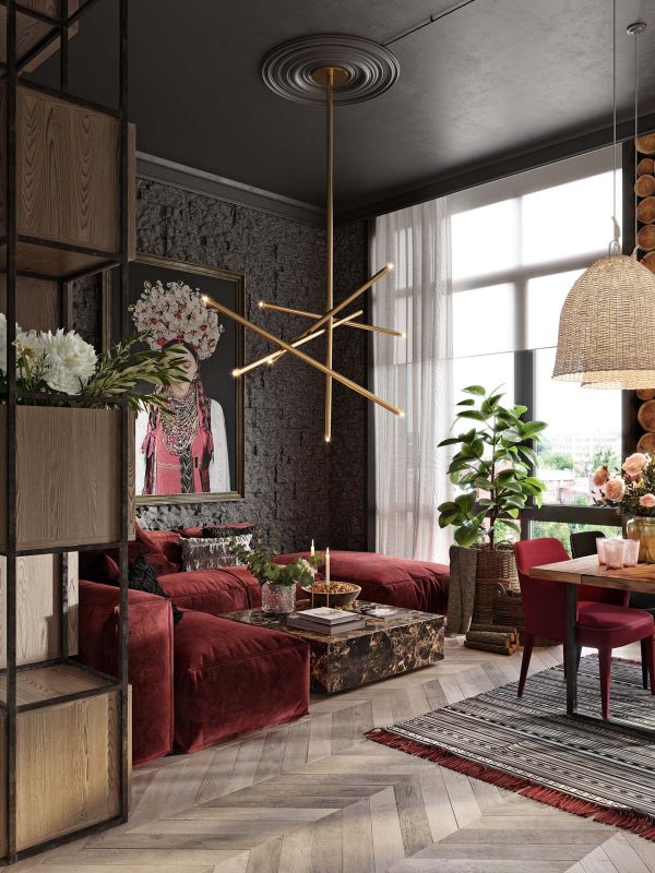 A Plush Red Apartment with Rustic Accents