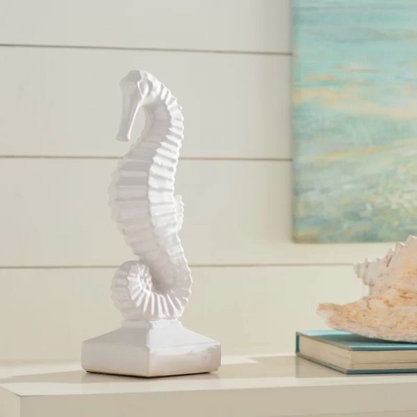 Sea Horse Sculpture Ceramic Sea Animal Statue Figurine Holiday Gift Golden 