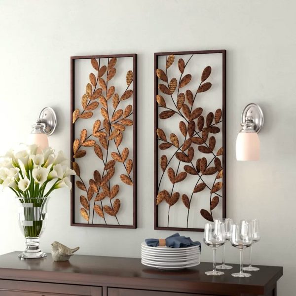 SET OF TWO DECORATIVE LEAVES AGED METALLIC SILVER WALL ART MODERN VINTAGE DECOR 