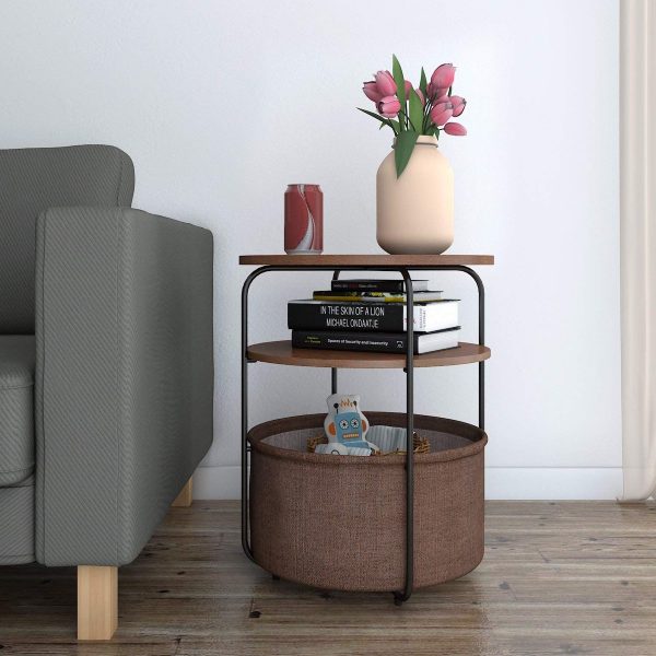 HANGYUAN White Round Side Table Easy Assembly with Natural Wood Night Stand for Small Spaces Small End Table for Living Room 