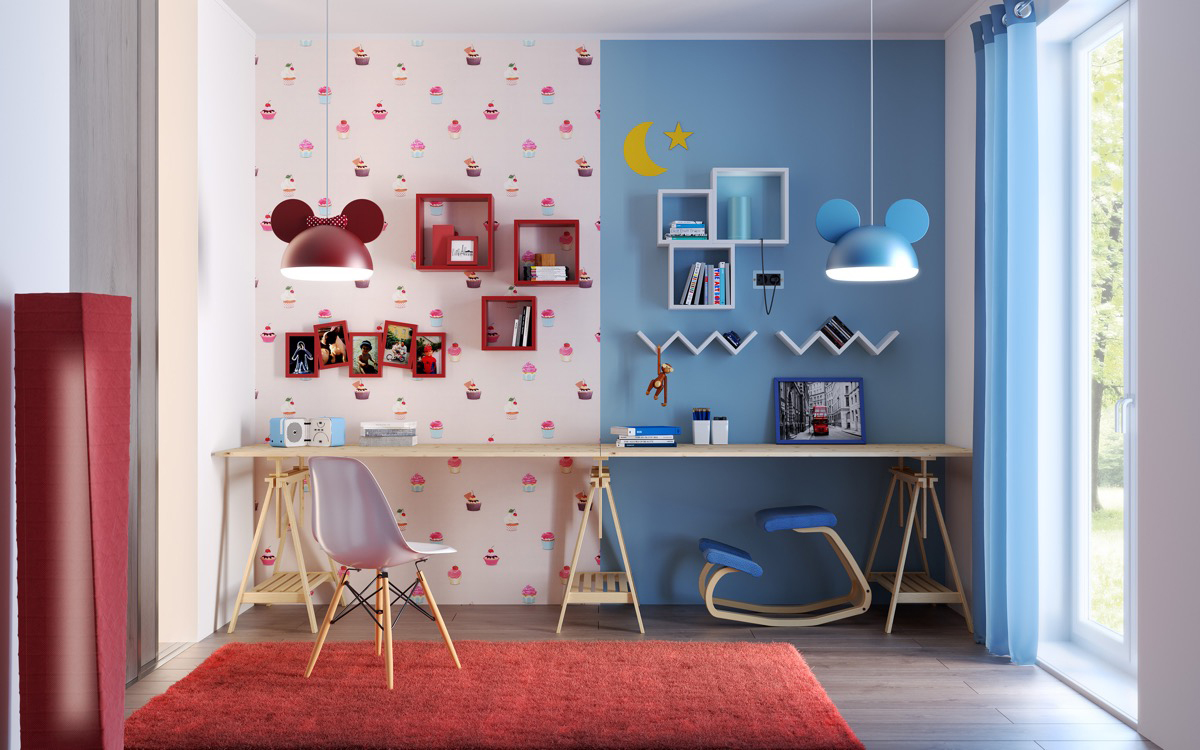 pink and blue shared bedroom