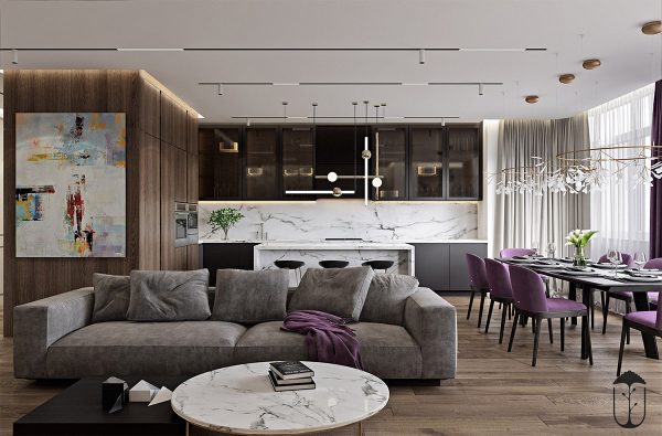 A Cozy Modern Home With White Marble And Purple Accents