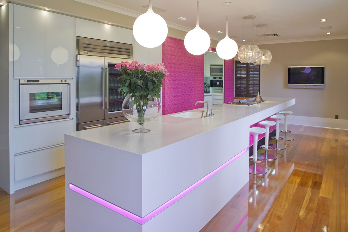 modern luxury kitchen with pink led lighting image