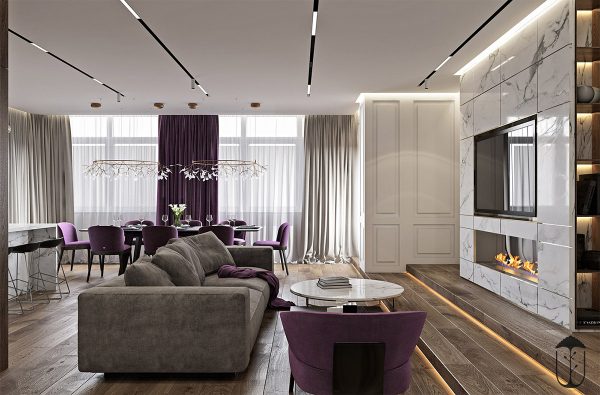A Cozy Modern Home With White Marble And Purple Accents