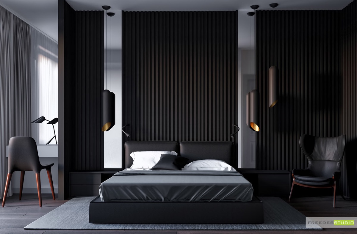 modern bedroom design grey bed black furniture