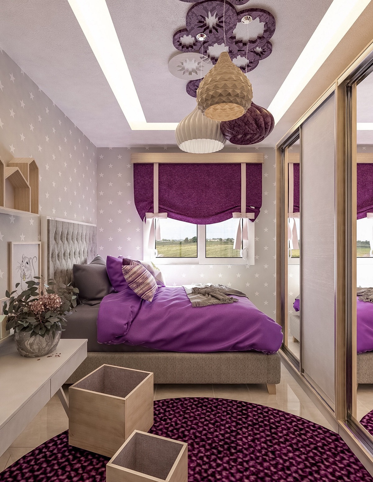 Beige and Lavender Bedroom Design