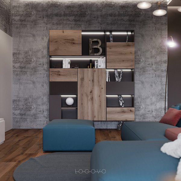 A Small Industrial Apartment With A Home Office & Blue Decor