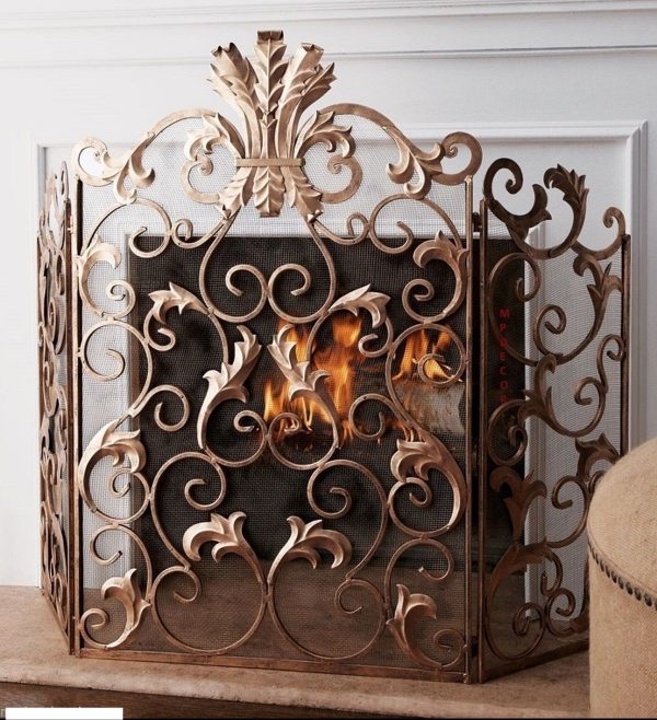 Ornate Polished Stainless Steel Three Fold Fire Guard or Fire Screen 