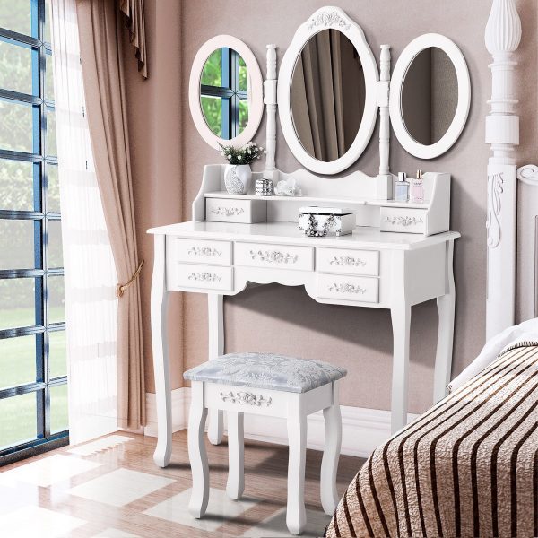 7 Drawers Makeup Table with Removable Organiser for Bedroom Dressing Room Dressing Table with Stool and Mirror White