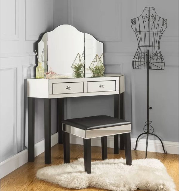 Details about   Modern Corner Makeup Desk Vanity Dressing Table 3 Fold Mirrors and 5 Drawers US 