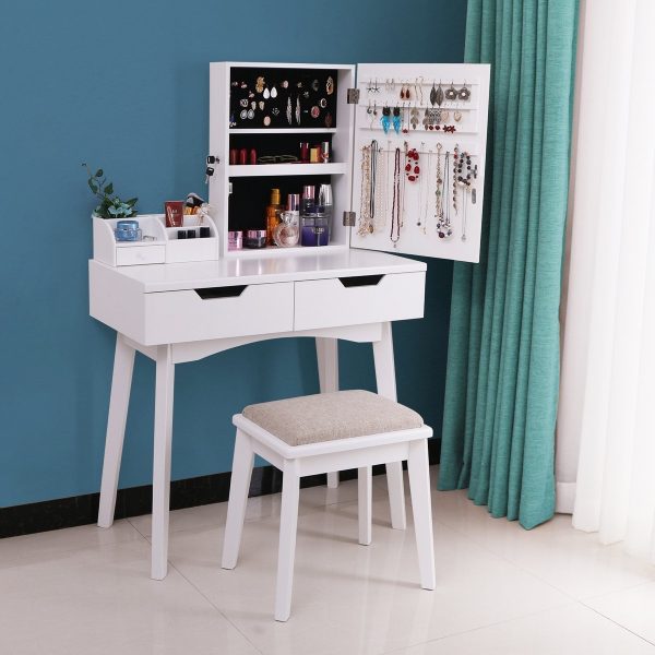 7 Drawers Makeup Table with Removable Organiser for Bedroom Dressing Room Dressing Table with Stool and Mirror White