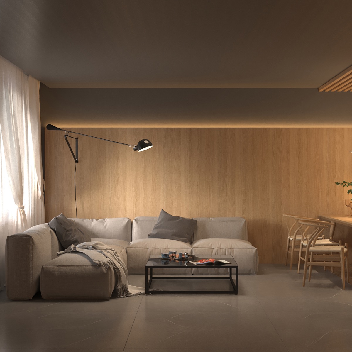 warm interior design with a soft lighting scheme