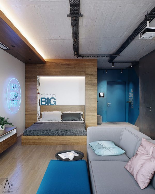 Pink And Blue Decor Studio Apartment With Motivational Wall Art
