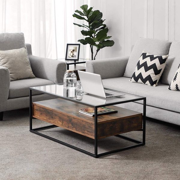 Modern Black & Clear Glass Chrome Living Room Coffee Table with Lower Shelf