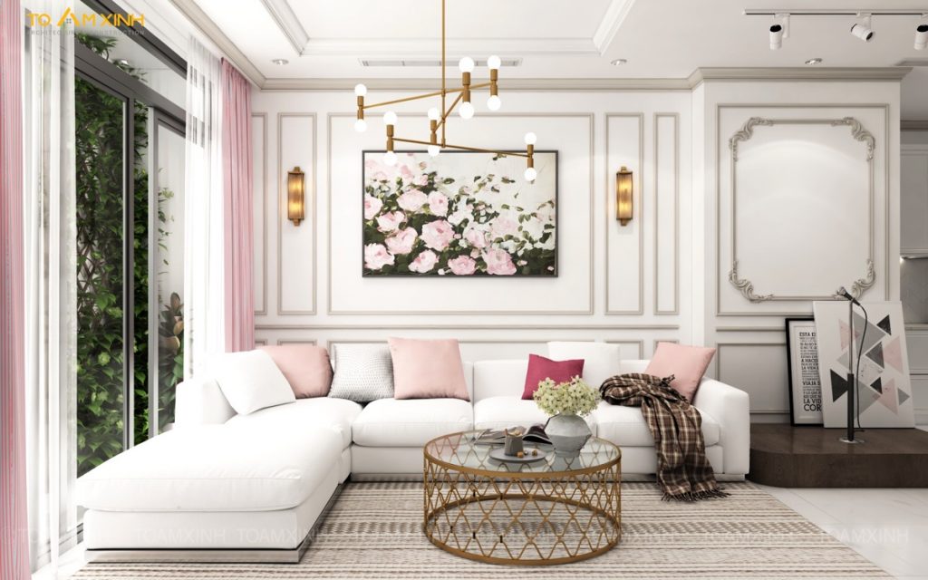 living room with peonies decor