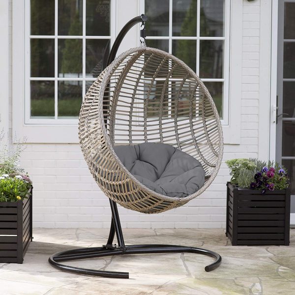 Patio Rattan Wicker Hanging Swing Egg Chair Hammock Chair for Indoor Outdoor Bedroom Garden Dark Grey Egg Chair with Stand Aluminum Frame and UV Resistant Cushion 350LBS Capacity 