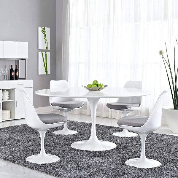 Large 60 Inch Modern Round Pedestal Dining Table White Glossy Contemporary