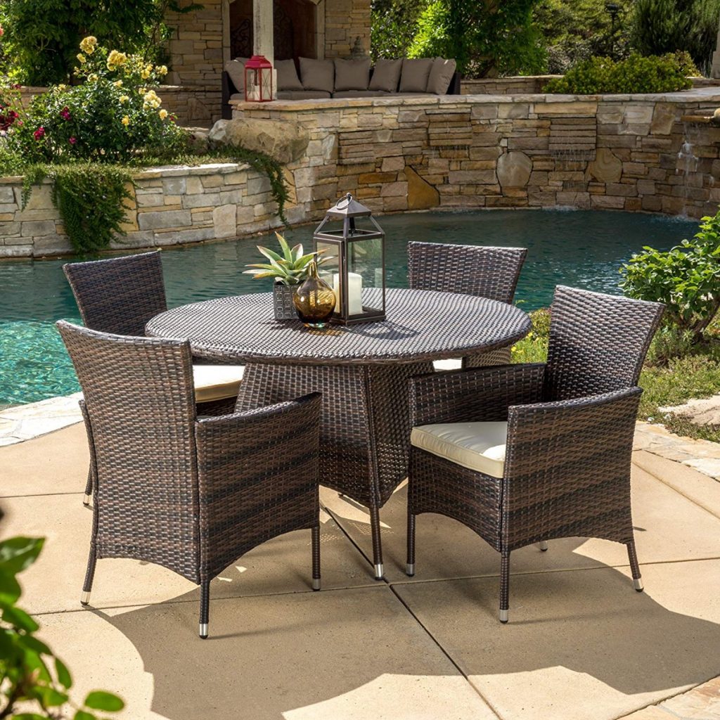 Outdoor Wicker Dining Set Dark Brown Round Table 4 Chairs Cushions