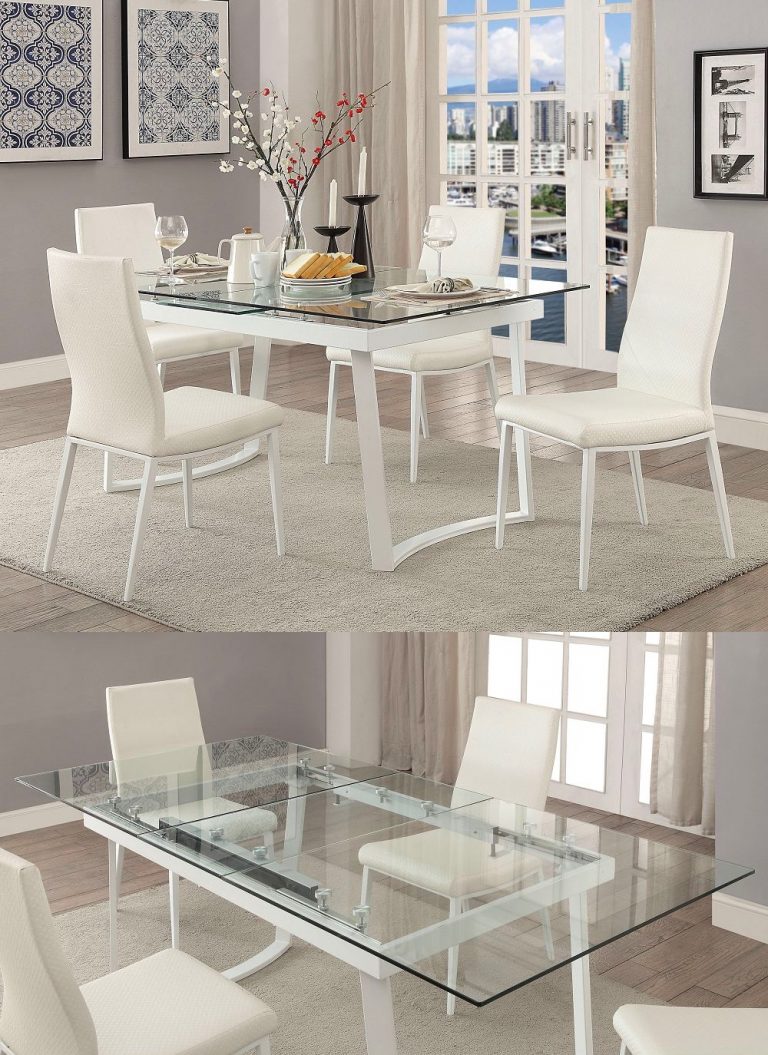 Modern Extendable Glass Top Dining Table White Legs With Leaf Simple
