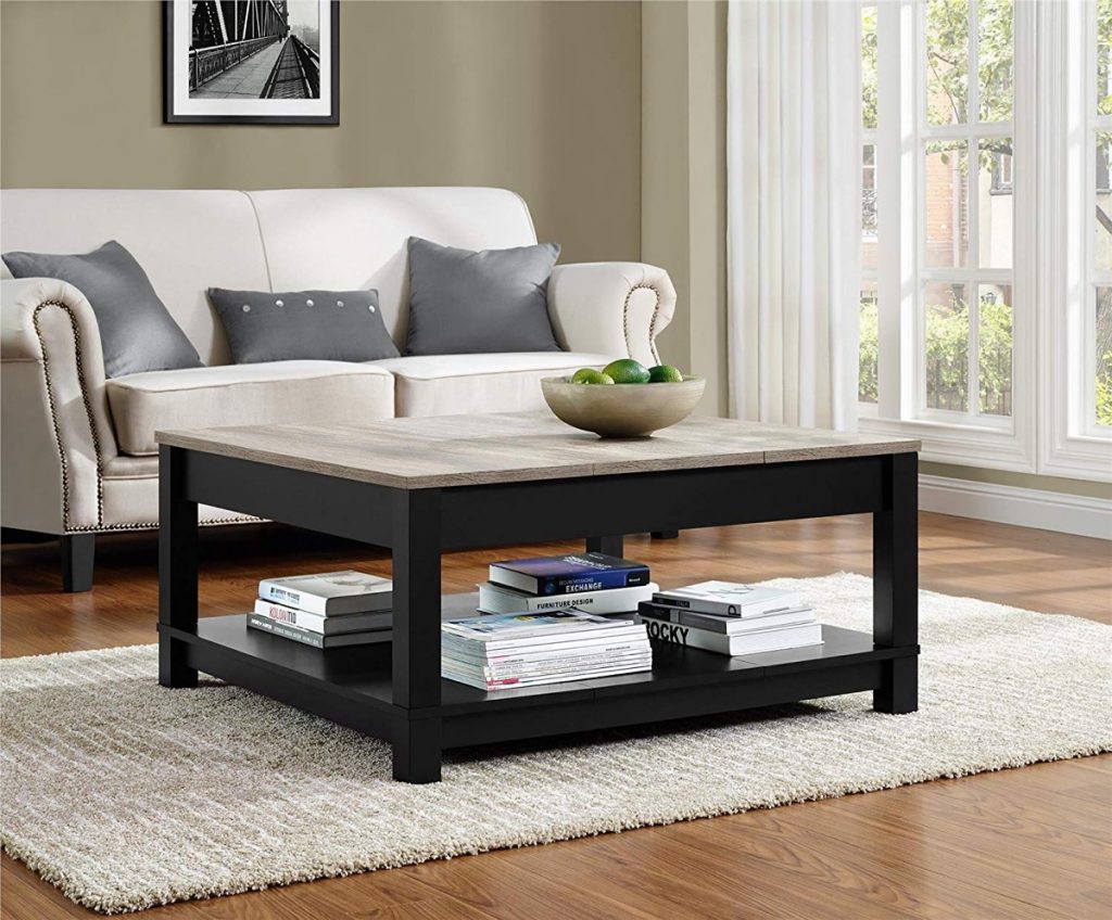 Large Square Coffee Table With Storage Underneath Planked Wood Top