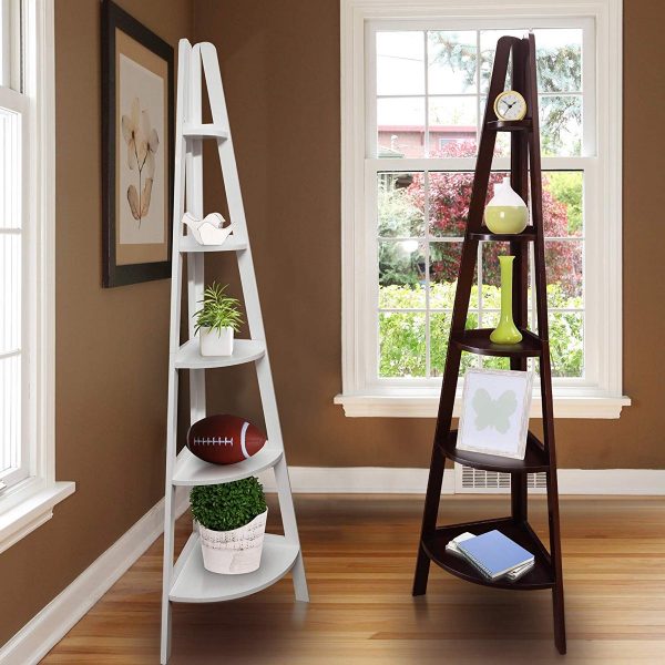 White CASART 5 Tier Wooden Wall Ladder Shelf Leaning Unit Rack Bookcase Display Holder Stand Black/White