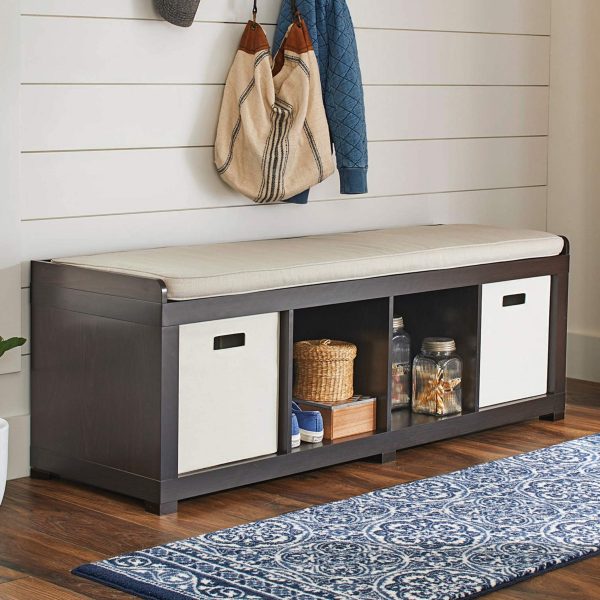 Mudroom Living Room Storage Bench with 4 Storage Drawers White, 4 Drawer Rustic Entryway Bench/Shoe Bench with Cushioned Seat for Entryway Hallway